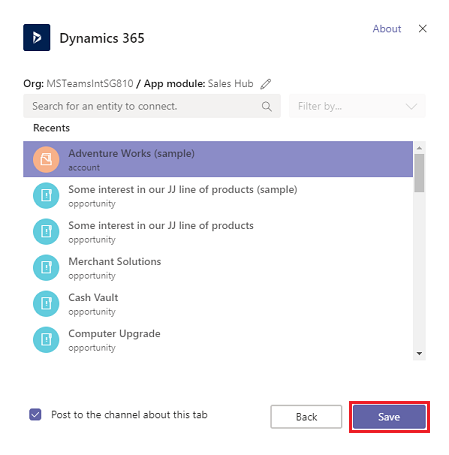 A screenshot of the Dynamics 365 app for Teams configuration screen, with the option to select the record to link the Microsoft Team tab to CDS