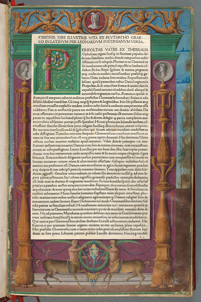A page from Plutarch, *Vitae Virorum Illustrium* (Venice, 1478), vol. 2, fol. 1r. © The Board of Trinity College Dublin with colored detailing around the side of the page and text in the middle in Latin. 