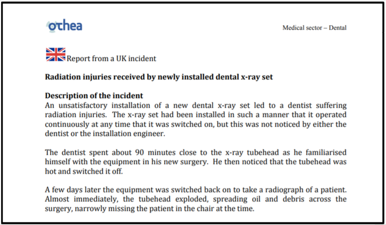 Screenshot of a report of a UK incident - this details radiation injuries received by a newly installed dental x-ray set, which has not been installed correctly