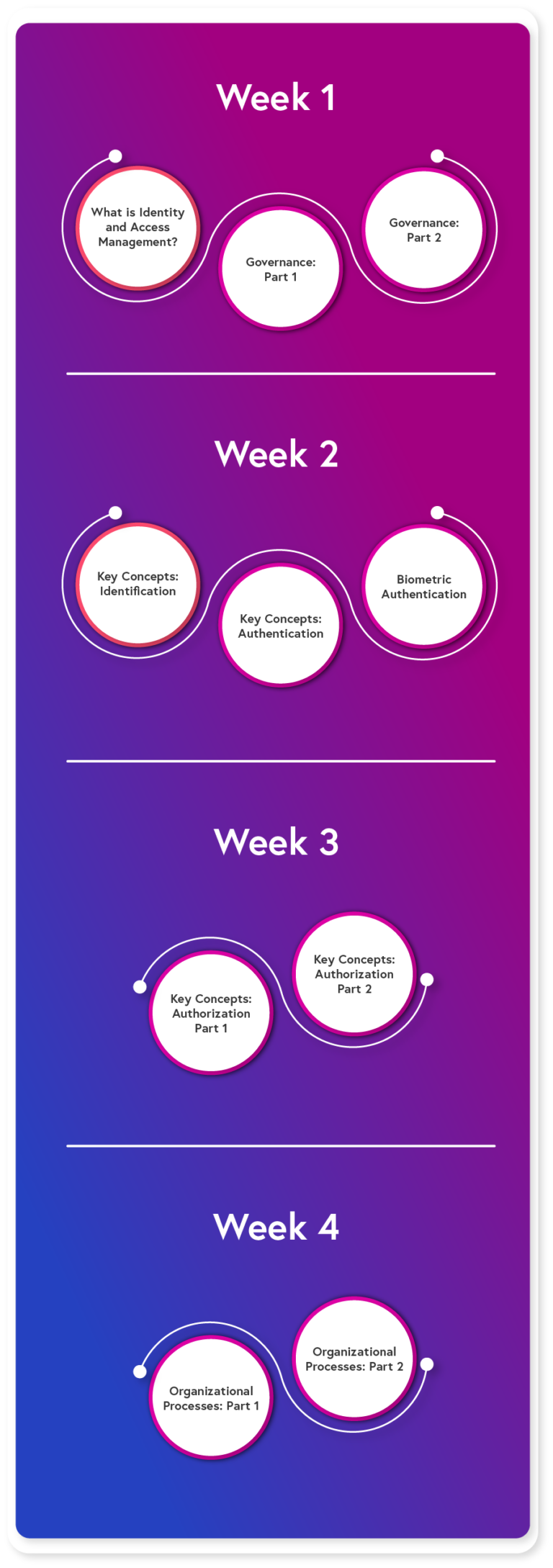 Week 1: What is identity and access management? Governance part 1 and part 2. Week 2: Key concepts identification. Key concepts authentication. Biometric authentication. Week 3: Key authorization part 1 and part 2. Week 4: Organizational processes part 1 and part 2.