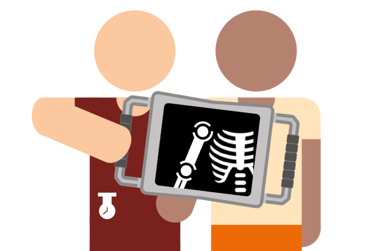 Illustration of a patient being x-rayed with a handheld scanner