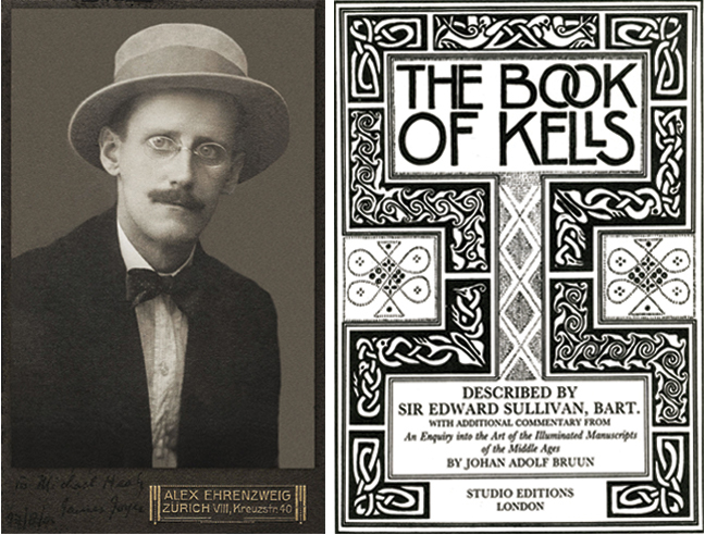 Figures 1 and 2. James Joyce and the cover of Edward Sullivan's book on the Book of Kells