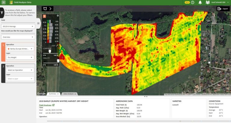 screenshot showing a yield map in the centre with a scale bar showing the colour corresponding to different yields. On the left of the screen is an menu bar giving options for how the map is displayed. Under the map is the agronomic data: total yield (t) is 108.96; average yield (t/ha) is 6.03; wet weight (t) is 108.96; average wet weight (t/ha) is 6.04; area worked (ha) is 18.05. The bar below the map also gives the time the field was analysed, the weather conditions and the variety of crop.