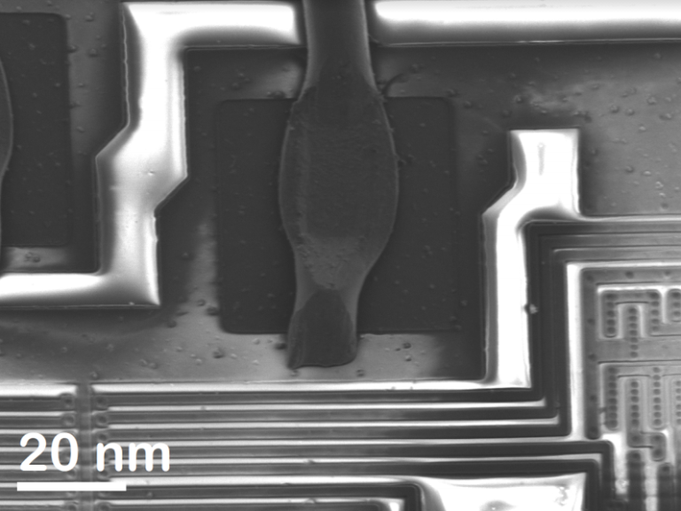 Electron microscope image of a microchip with 20 nm scale bar