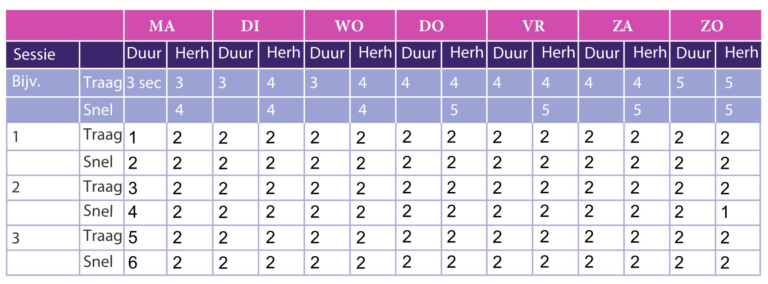 Deze tabel geeft een voorbeeld aan hoe een bekkenbodemspieroefeningschema er uit kan zien. In de tabel kun je per dag aangeven hoeveel herhalingen en lengte van aanspanning er waren.