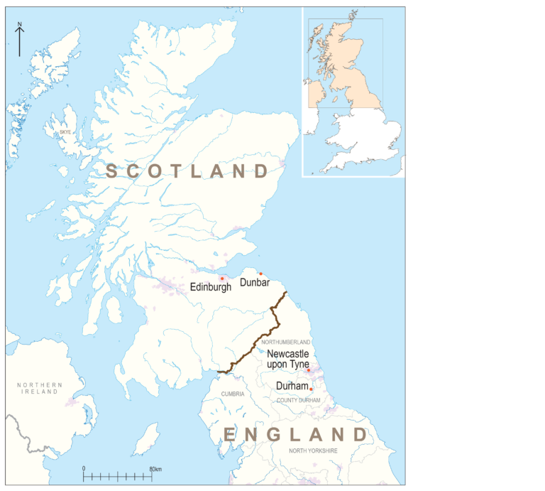 Map showing the location of Scotland, England and Durham