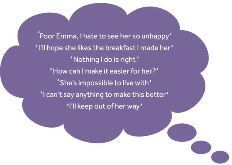 Lucy's thoughts: Poor Emma, I hate to see her so unhappy I’ll hope she likes the breakfast I made her Nothing I do is right How can I make it easier for her? She’s impossible to live with I can’t say anything to make this better I’ll keep out of her way