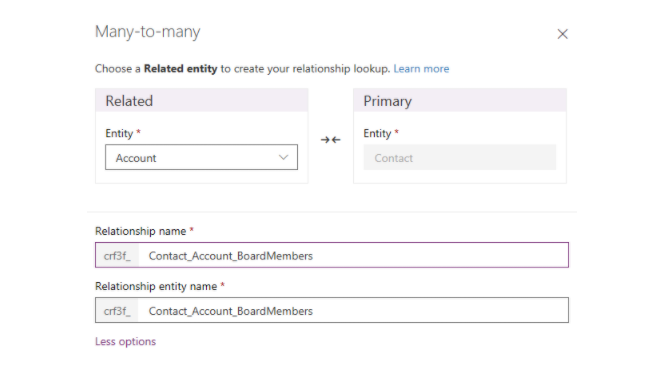 Screenshot showing where to specify names for the relationship and relationship entity