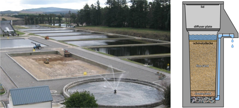 Slow sand filters at large-scale centralised treatment plant in Ireland (left) and a schematic of biosand filter for single household use.