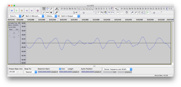 Waveform zoomed in showing a graph of the sound wave as it alternates above and below zero