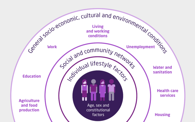 Diagram illustrating how age, sex and constitutional factors, individual lifestyle factors, social and community networks and general socio-economic, cultural and environmental conditions impact on health.