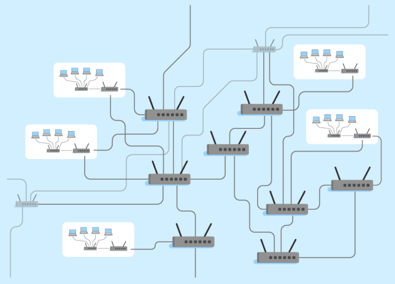 Multiple networks connected to the internet via routers. The network routers are connected to routers on the internet, which are all connected to other routers on the internet.