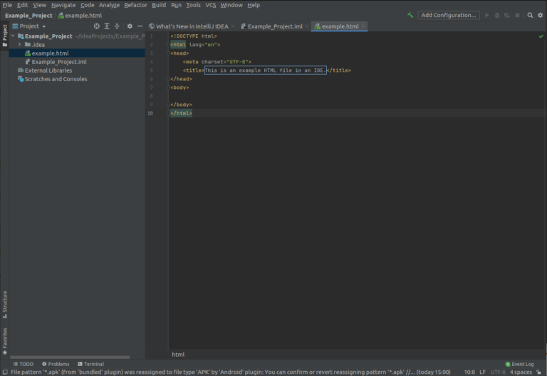A screenshot of the interface for IntelliJ IDEA, with some HTML code, an example of an integrated development environment (IDE)