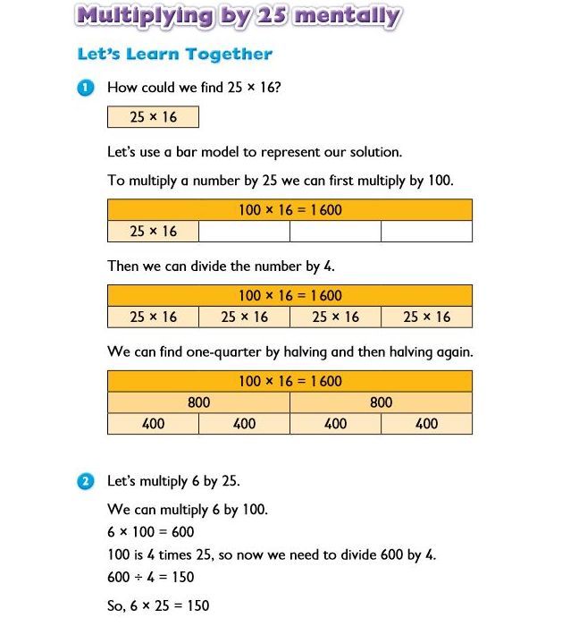 Example task using the bar model method to multiply a number with 25. There is a PDF with the full task at the bottom of the page