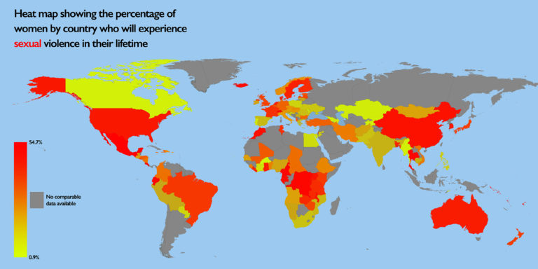A heat map which shows the percentage of women who have experienced sexual abuse by country
