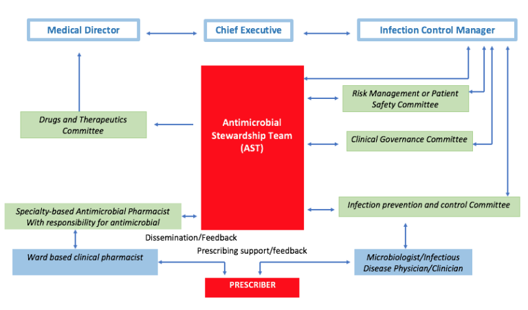 Central Antimicrobial Stewardship Team who liaise with key committees to disseminate information and feedback to them. All committees must feedback to the Medical Director, Infection Control Manager and the Chief Executive