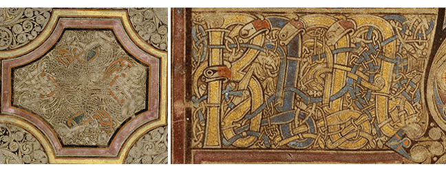 Figures 3 - 4, from the Book of Kells, an image of men entangled in an interlaced pattern, and images of lions used in lettering, respectively
