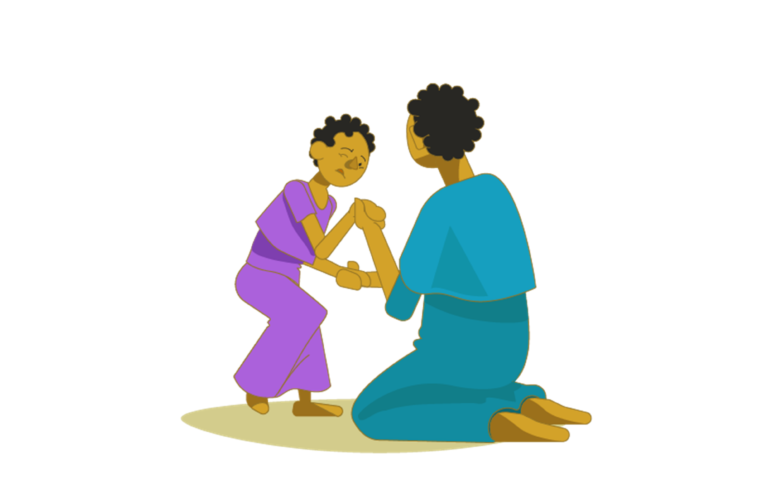 Illustration of a mother helping a young girl walk. She is supporting the girls hands as she tried to walk with a look of concentration on her face