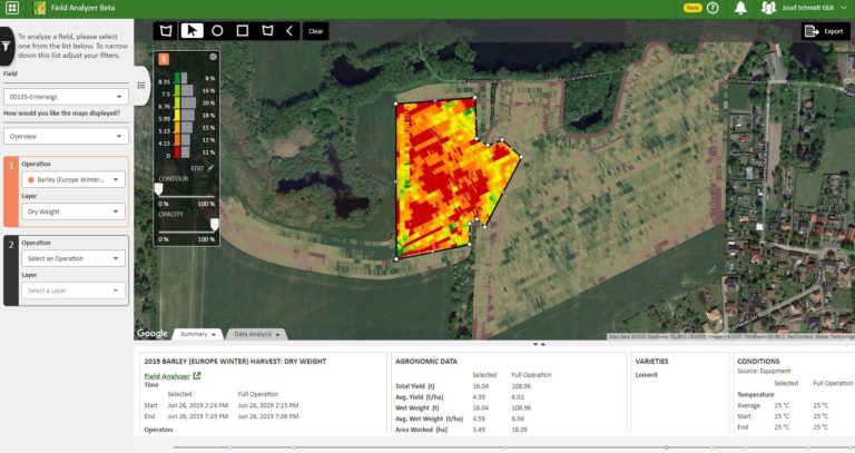screenshot showing the same yield map as above but this time one zone in the top left of the field is highlighted in colours. The scale bar shows the colour corresponding to different yields. On the left of the screen is an menu bar giving options for how the map is displayed. Under the map is the agronomic data for the whole field (same as above) and the selected zone. For the selected zone: total yield (t) is 16.04; average yield (t/ha) is 4.59; wet weight (t) is 16.04; average wet weight (t/ha) is 4.59; area worked (ha) is 3.49