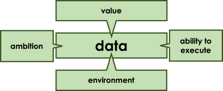 Image showing value, environment, organisation and ability to execute - all linked to data