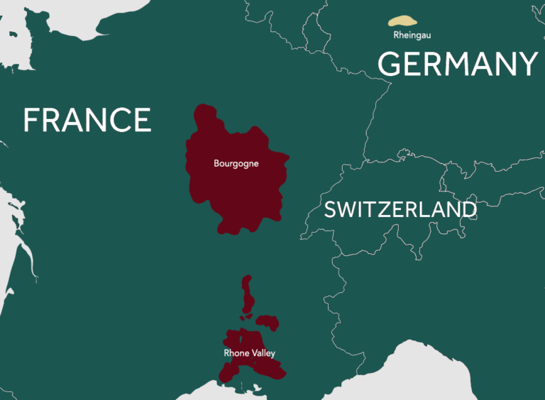 A map of France and Germany with the wine regions of the German Rheingau, the Bourgogne and the Rhone Valley highlighted