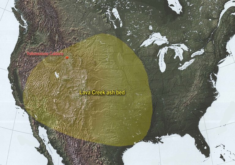 Map of the area surrounding Yellowstone Park, USA, with an area highlighted to show the extent to which the Lava Creek ash bed spread across large areas of modern day USA