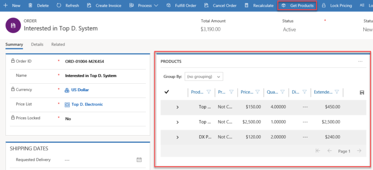 Screenshot of an example of products added to an order