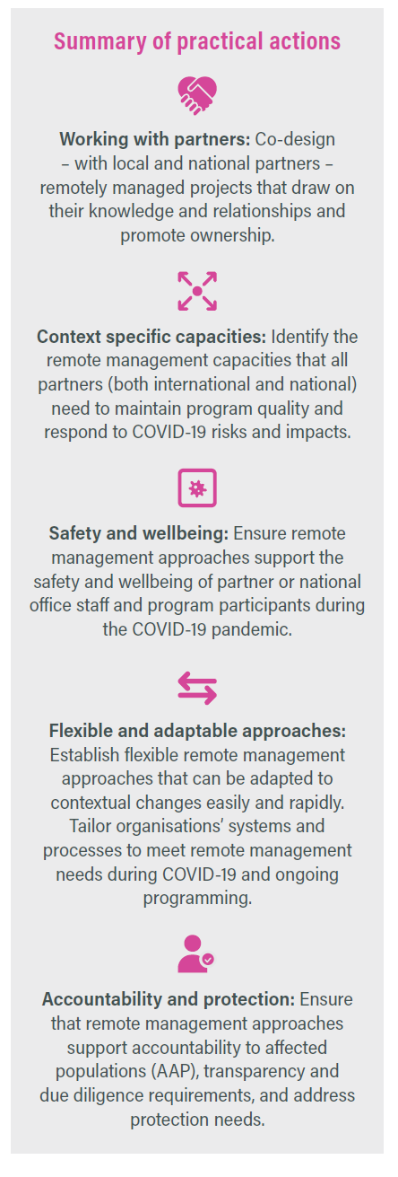 Summary of practical actions; working with partners, context specific capacities, safety and wellbeing, flexible and adaptable approaches, accountability and protection