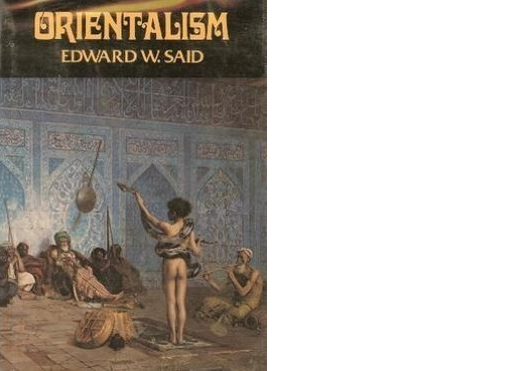 The cover of the book 'Orientalism' by Edward Said. The cover depicts a scene presumably in the court of an Arab or middle eastern kingdom complete with a snake charmer and other stereotypical elements