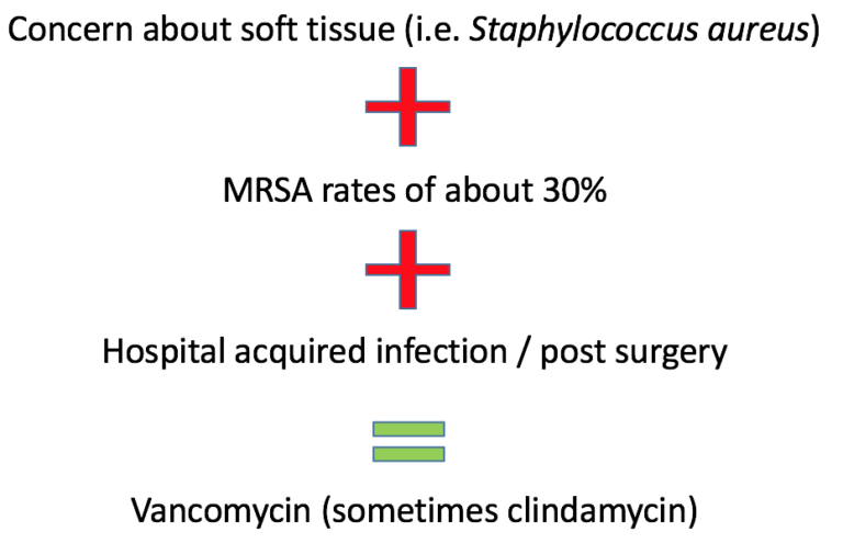 Concerns about soft tissue infections + MRSA rates of 30% + HAIs/Post-surgery = vancomysin (sometimes clindamycin)