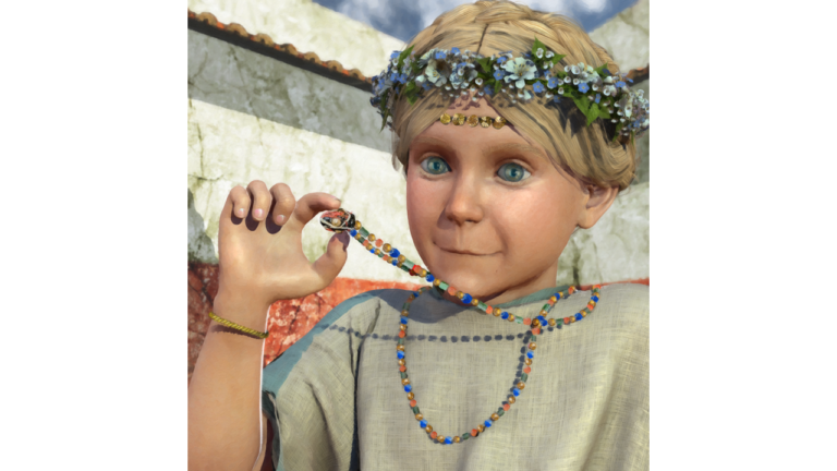 reconstruction of a Roman girl wearing a flower garland in her hair and colourful beads around her neck