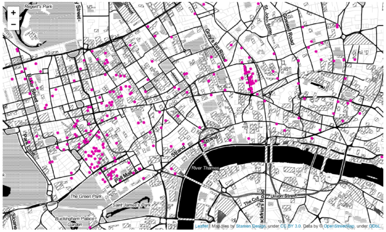 "A map of central London, with mauve points describing latitude and longitude coordinates of businesses in London".