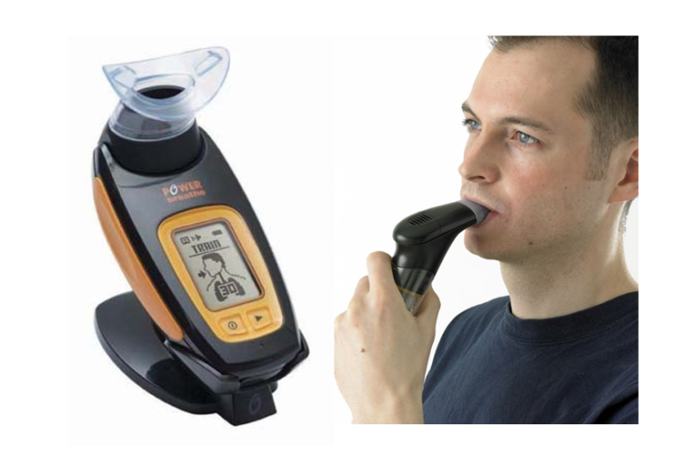 Two images, one of a Powerbreathe device and another of a man blowing into it.
