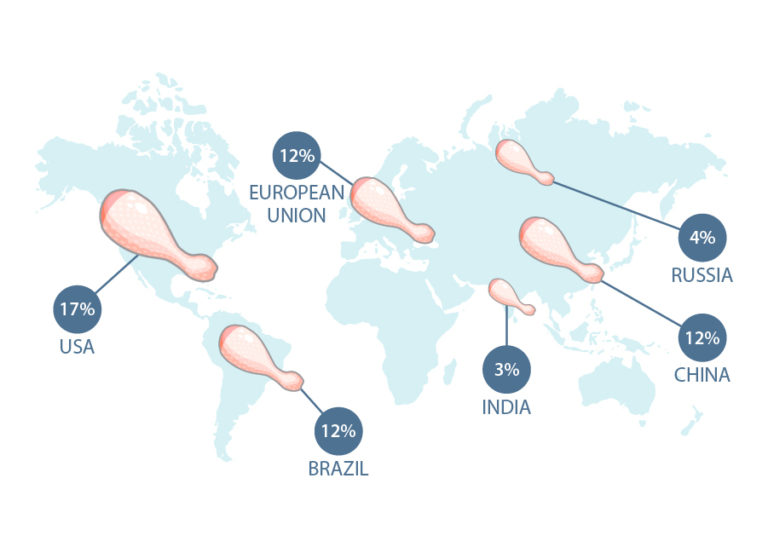 Map of world showing chicken production: 17% USA, 12% EU, 12% Brazil, 3% India, 12% China, 4% Russia