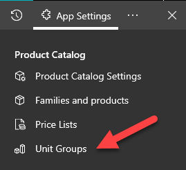 Screenshot of accessing Unit Groups in the Product Catalogue