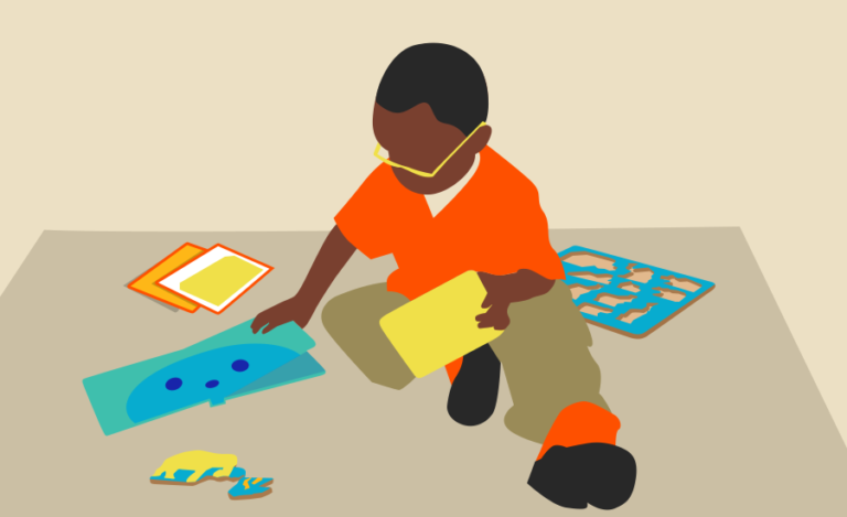 illustration of a small boy sitting on a mat on the floor, holding a tupperware box and reaching for a book. More books and a jigsaw are beside him 