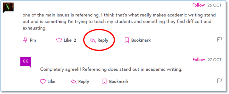 A screen shot of the reply button highlighted in a red circle on the FutureLearn platform