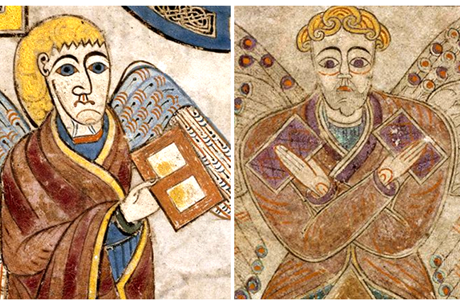 Folio 32v, Folio 183r, from the Book of Kells, a depiction of a man holding a book and another man holding two books, respectively