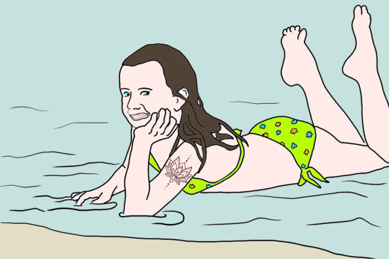 The illustration shows a girl lying at the beach. She has got a henna tattoo on her upper arm.