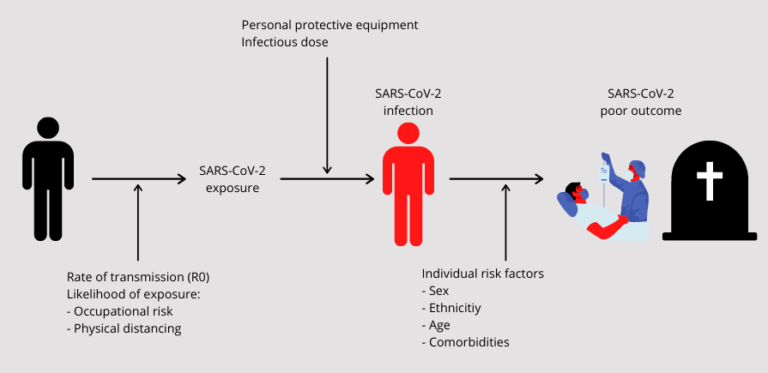 Key variables that determine the likelihood that an individual is exposed to, and then infected with, SARS-CoV-2, as well as the likelihood that they experience a poor outcome.