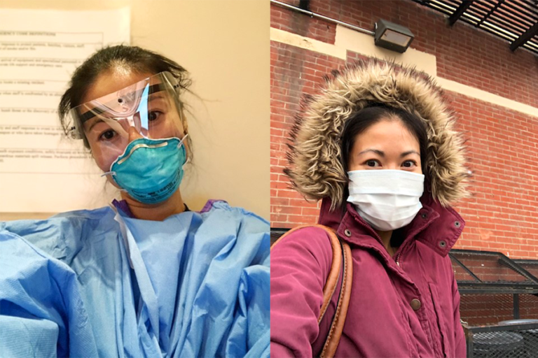 Two portrait photos of Sherry, one of her wearing personal protective equipment including a clear face shield at work, and one of her outside wearing a face mask and a red hooded coat