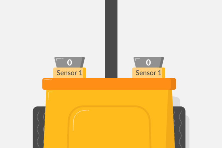 A robot buggy with a black line under the centre of it. The two line sensors on the buggy are either side of the line, and are both outputting 0.