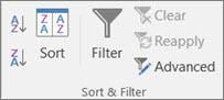 Screenshot of the ‘Sort & Filter’ section of the menu ribbon in Excel showing the ‘Advanced’ option