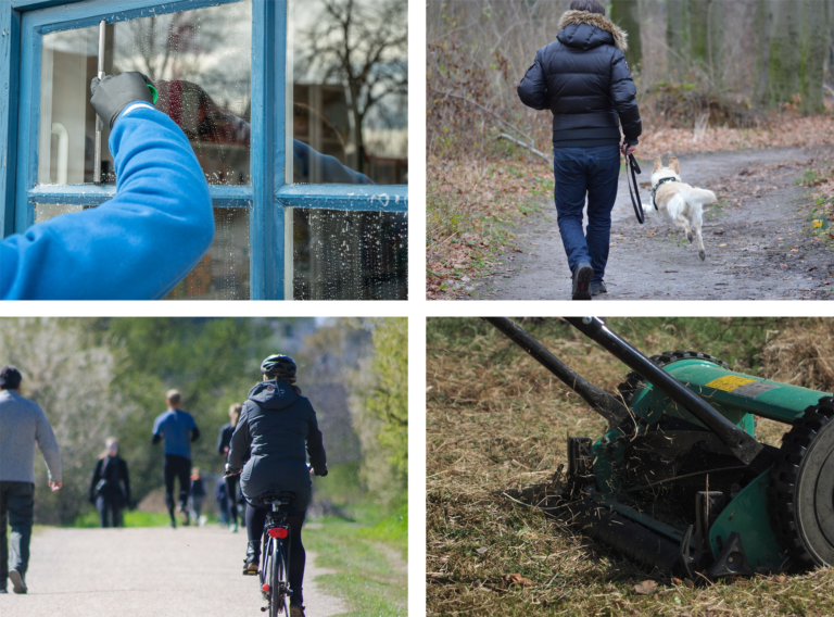 A collage of photos. Starting from top left going clockwise: someone cleaning windows, walking a dog, someone mowing the lawn and someone cycling