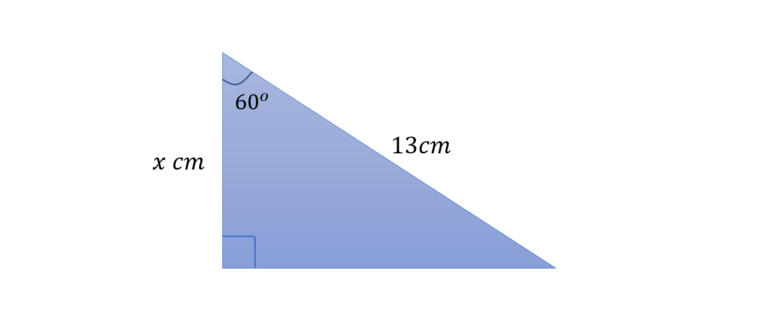 In this image there is a right-angled triangle. The right-angle is labelled with a square, there is another angle of 60 degrees. The side opposite to the right-angle is labelled as 13cm. The side that is opposite the unlabelled angle is labelled x cm.