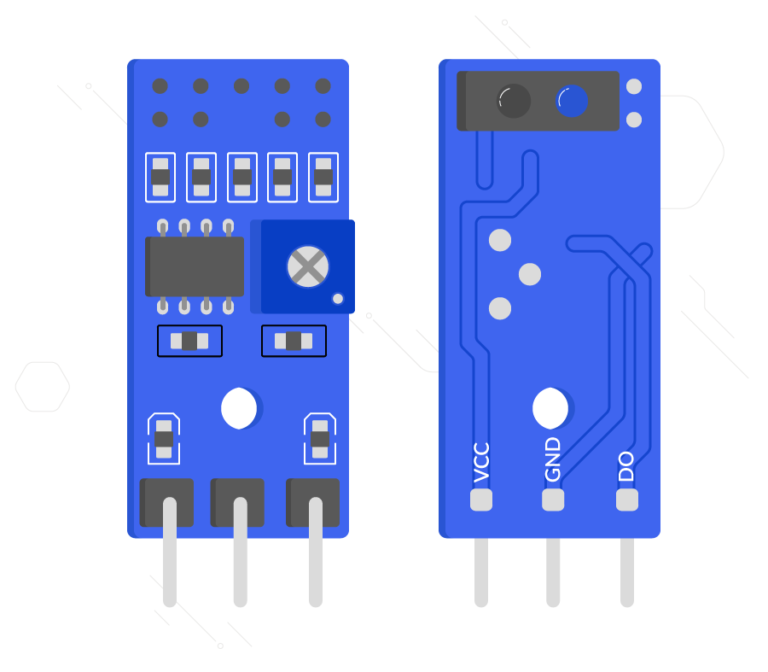 An illustration of both sides of a line sensor. The top shows three pins and a potentiometer (blue box with white dial). The bottom side shows a black and red IR emitter and receiver as well as three pins with labels VCC, GND, & DO.