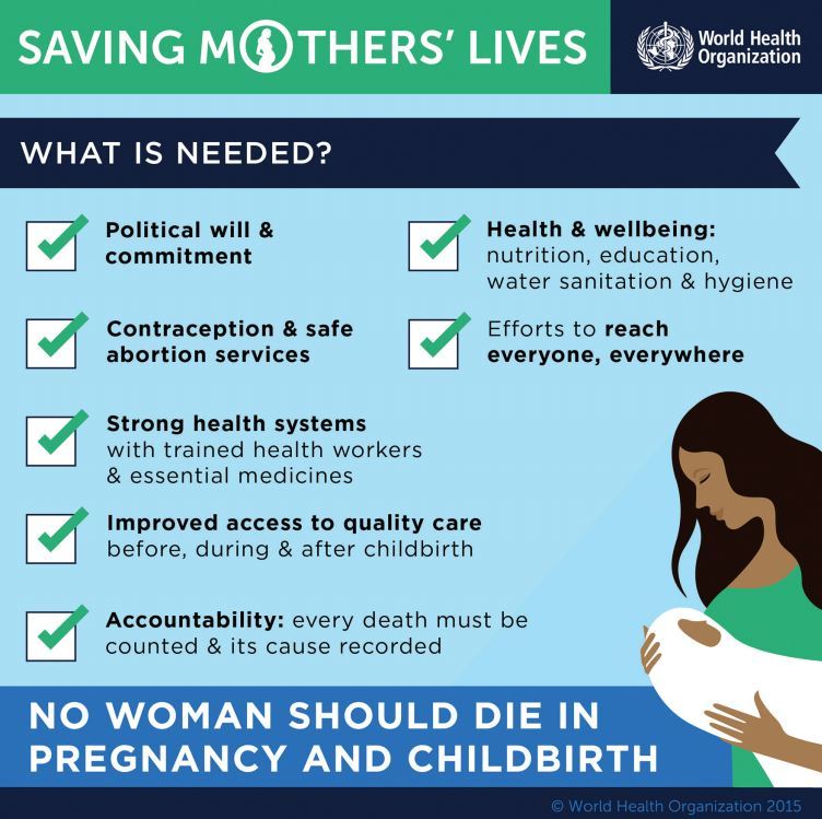An infographic with the following needs to improve child and maternal health: political will and commitment; contraception and safe abortion services; strong health systems; improved access to quality care, accountability, health, and well-being; efforts to reach everyone, anywhere.