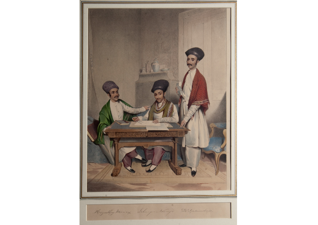 Painting of three men. Two are sat at a table with papers and the third is stood next to them.