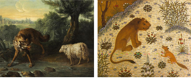 Paintings: the wolf and the lamb; and the lion and the jackal