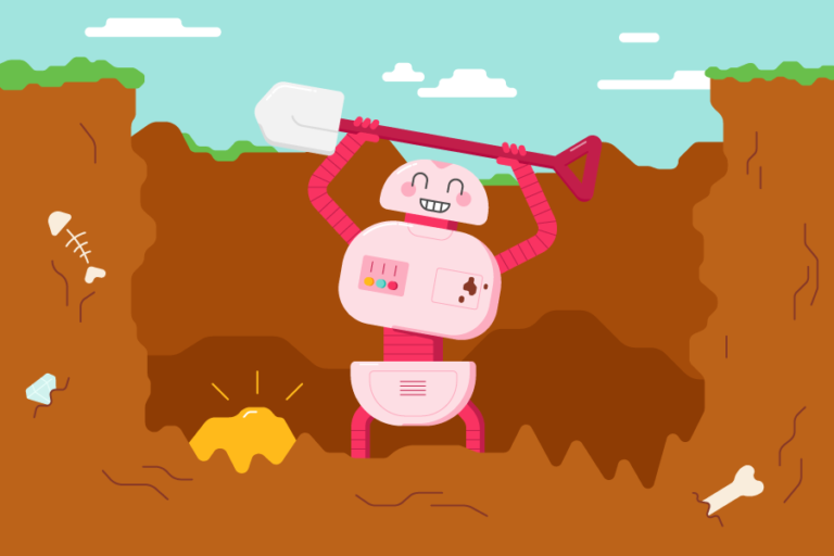 A robot that has dug a hole looking really happy because it has found gold!
